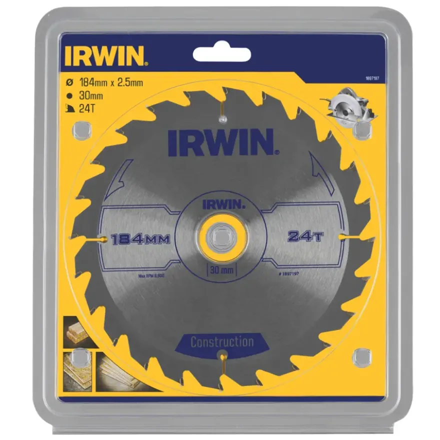 Irwin cirkelzaagblad Ø184 mm. Inclusief reduceerringen waardoor geschikt voor asgat 16, 20 en 30 mm, vertanding 24T