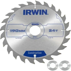 Irwin cirkelzaagblad Ø190 mm. Inclusief reduceerringen waardoor geschikt voor asgat 16, 20 en 30 mm, vertanding 24T