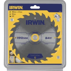 Irwin cirkelzaagblad Ø190 mm. Inclusief reduceerringen waardoor geschikt voor asgat 16, 20 en 30 mm, vertanding 24T