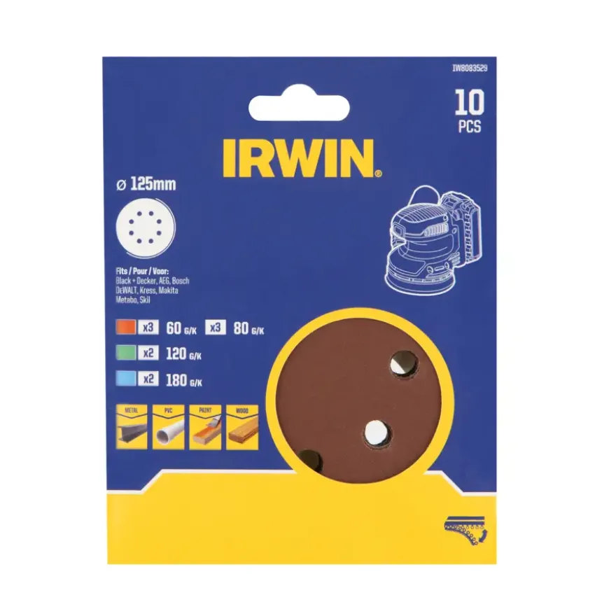 Irwin 10-delige set schuurpapier (125mm) t.b.v. excentrische schuurmachine K60/80/120/180