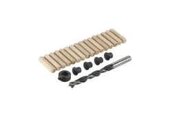 Irwin deuvelset Ø10 mm bestaande uit 16 houten deuvels, 1 houtspiraalboor met dieptestop en centreerpunten.
