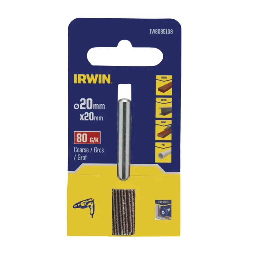 Irwin lamellenschuurwiel voor (accu)boormachine. Ø20mm. Lengte 20 mm. Korrel 80.
