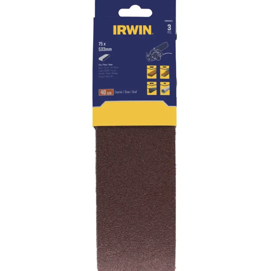 Irwin schuurband 75 x 533 mm K40 voor bandschuurmachines van bijv. Bosch en LUX, 3 stuks