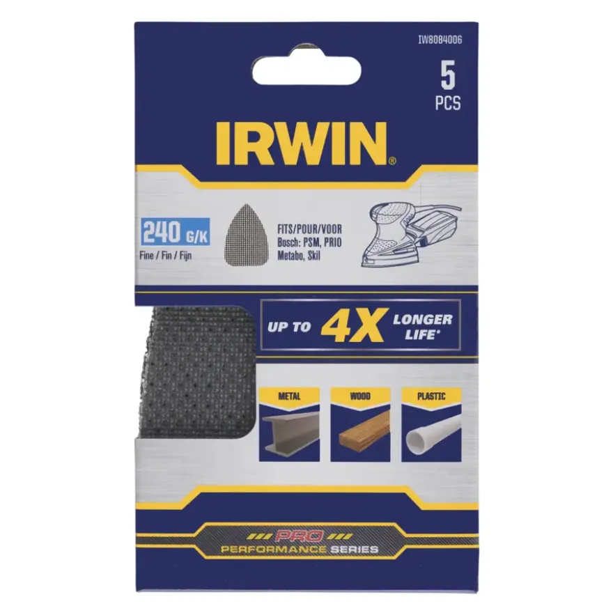 Irwin schuurgaas voor multischuurmachines Bosch PSM, Skil, Lux, Metabo, zelfklevend K240, 5 stuks