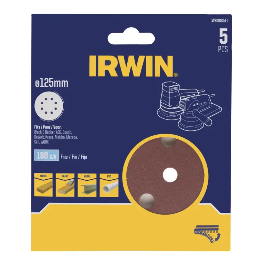 Irwin schuurschijf rond Ø125 mm zelfhechtend K180, 5 stuks