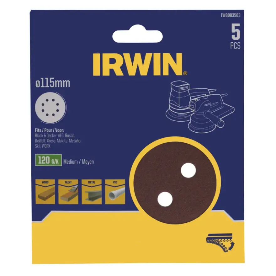 Irwin schuurschijf rond Ø115 mm zelfhechtend K120, 5 stuks