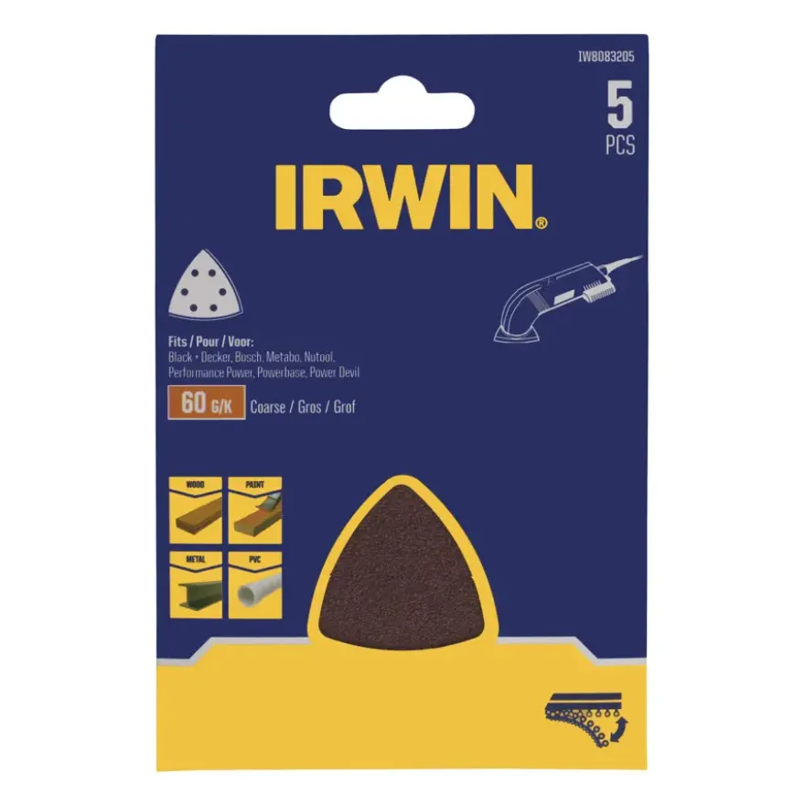 Irwin schuurvel driekhoek 95 x 95 mm zelfhechtend K60, 5 stuks