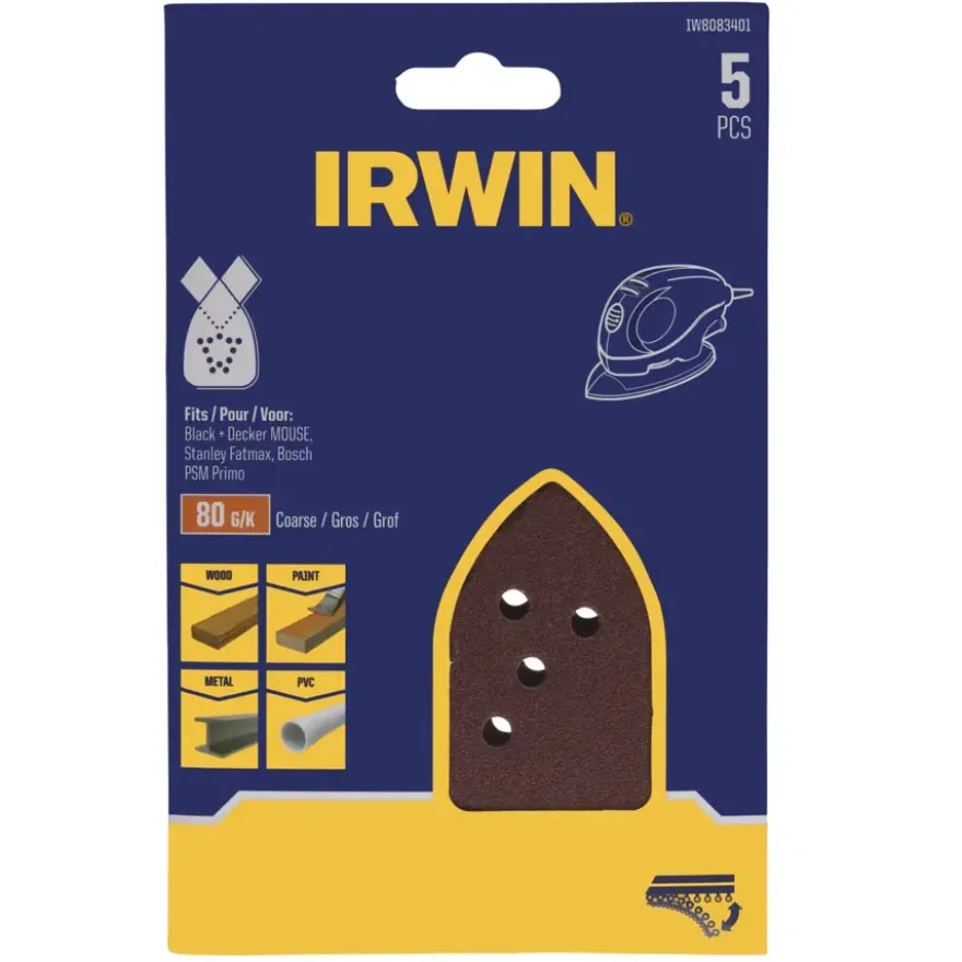 Irwin schuurvel voor Bosch Primo en B+D Mouse zelfklevend K80, 5 stuks