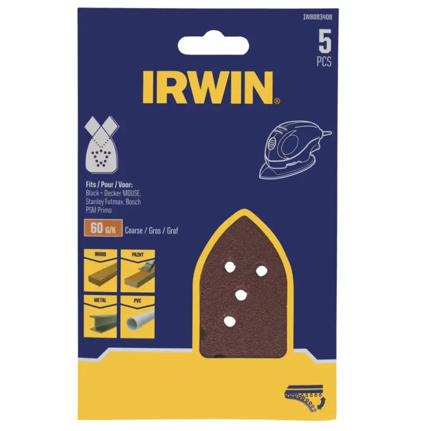 Irwin schuurvel voor Bosch Primo en B+D Mouse zelfklevend K60, 5 stuks
