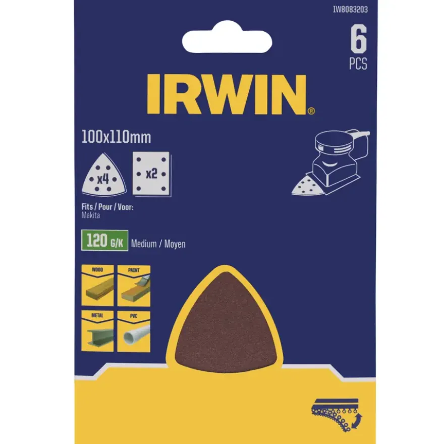 Irwin schuurvel voor Makita Tristar, zelfklevend K120, 6 stuks
