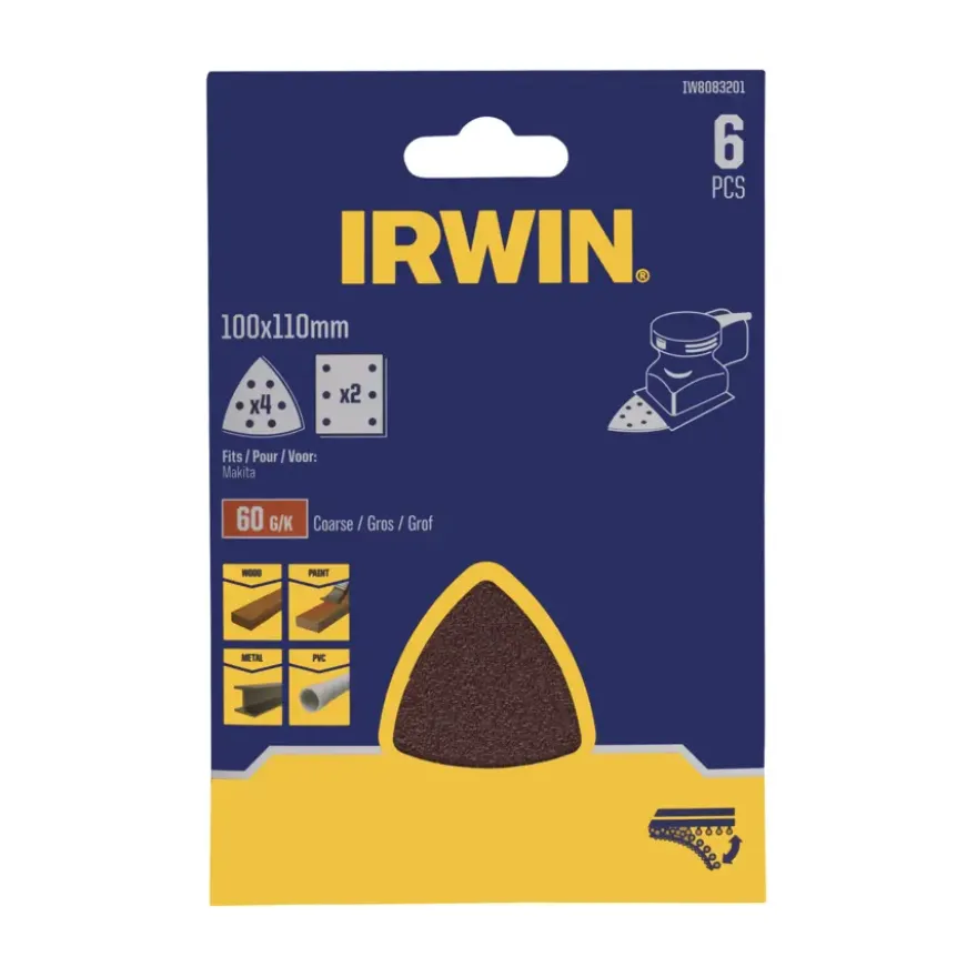 Irwin schuurvel voor Makita Tristar, zelfklevend K60, 6 stuks