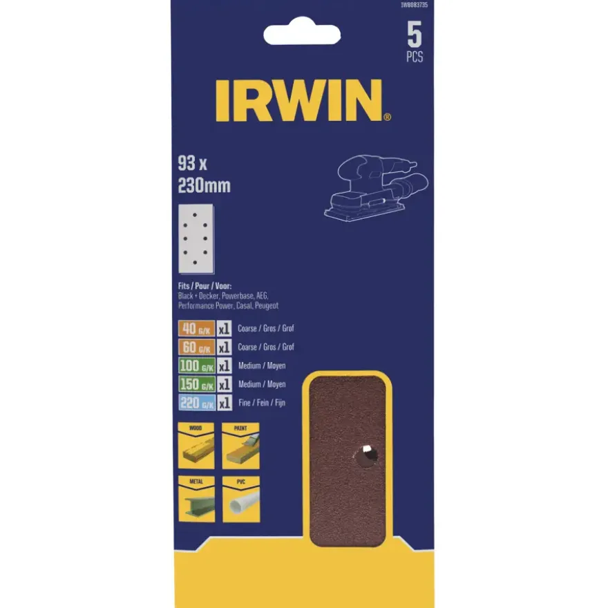Irwin schuurvel 230 x 93 mm K40/K60/K100/K150/K220 voor klembevestiging, met perforatie voor B+D, 5 stuks.