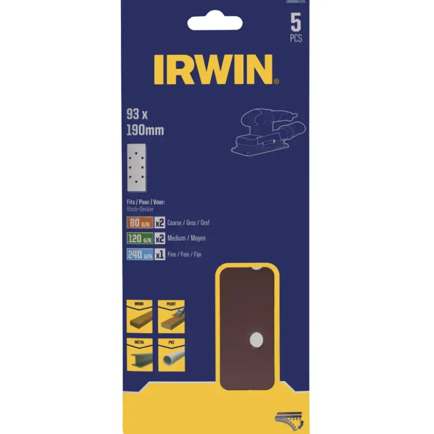 Irwin schuurvel 190 x 93 mm K80/K120/K240 zelfhechtend, met perforatie voor B+D, 5 stuks.