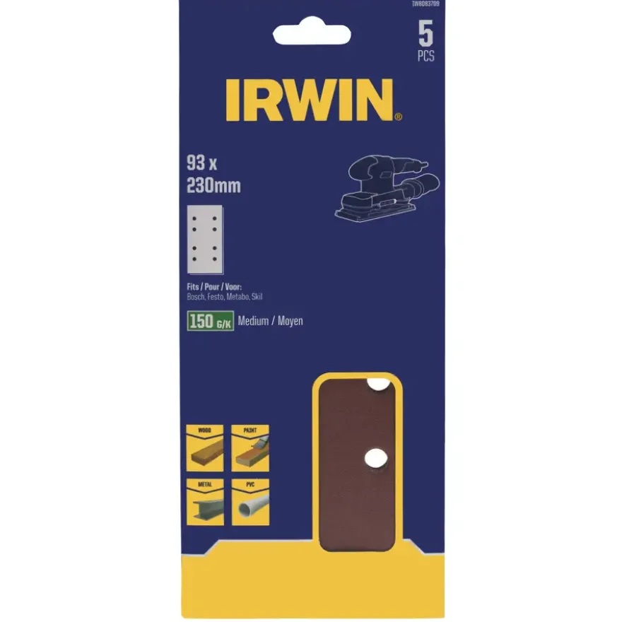 Irwin schuurvel 230 x 93 mm K150 voor klembevestiging, met perforatie voor Bosch, Skil, Gamma, Makita, Metabo, 5 stuks.
