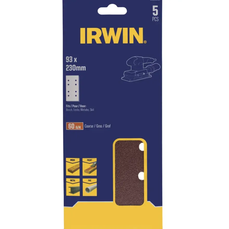 Irwin schuurvel 230 x 93 mm K60 voor klembevestiging, met perforatie voor Bosch, Skil, Gamma, Makita, Metabo, 5 stuks.