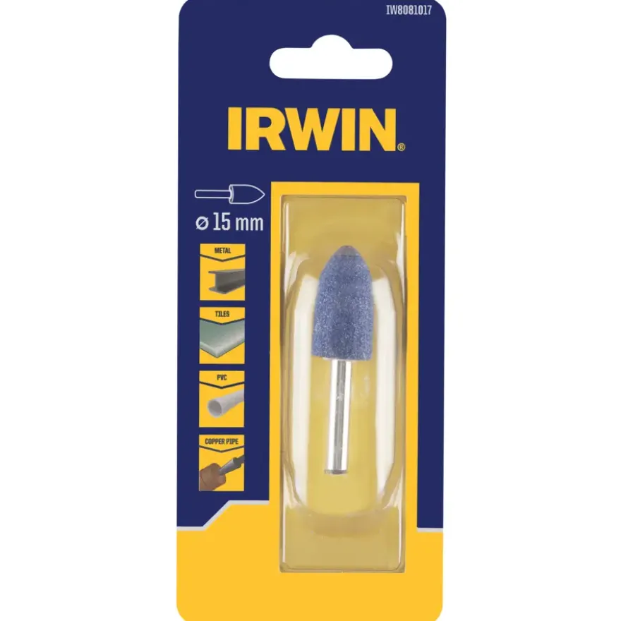 Irwin slijpsteen eivormig Ø15 mm met as Ø6 mm.