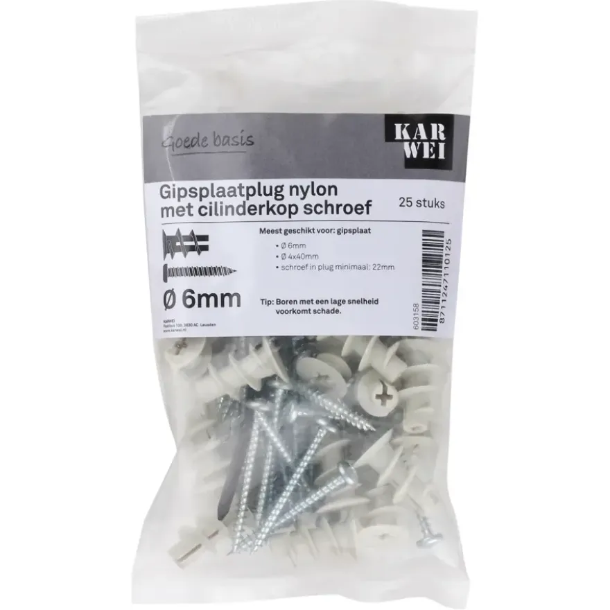 KARWEI Gips plug 6x22mm+uni ck 4x40 25ST + bit