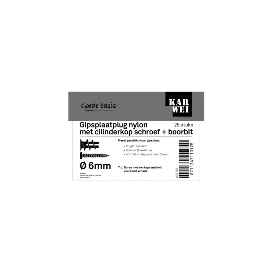 KARWEI Gips plug 6x22mm+uni ck 4x40 25ST + bit
