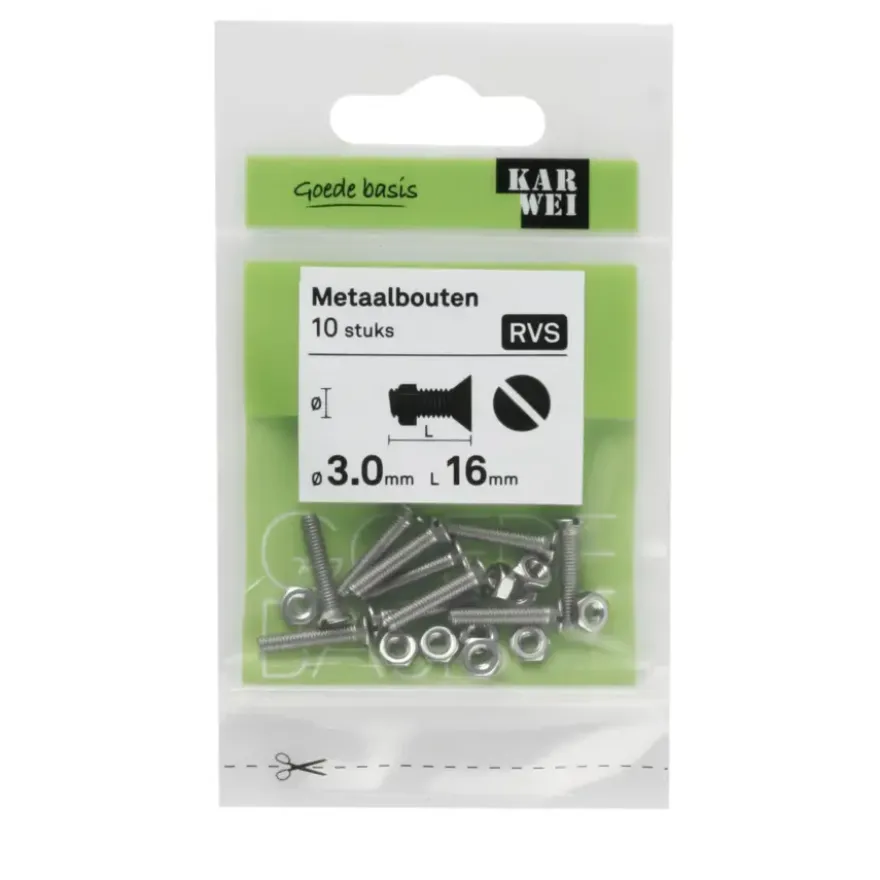 KARWEI metaalbout RVS 3x16 mm 10 stuks