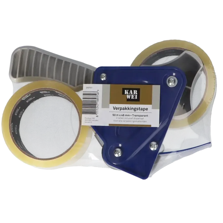 KARWEI verpakkingstape transparant 48 mm x 50 m (2 rollen) met dispenser