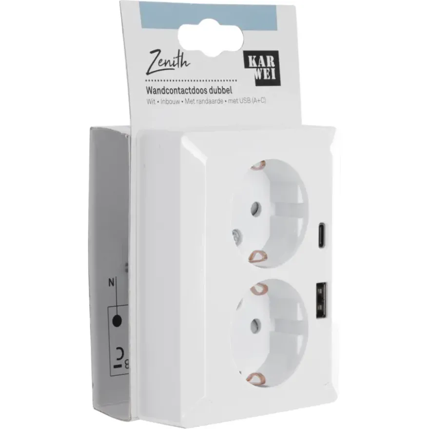 KARWEI Zenith Dubbel Stopcontact Geaard met USB A+C Wit