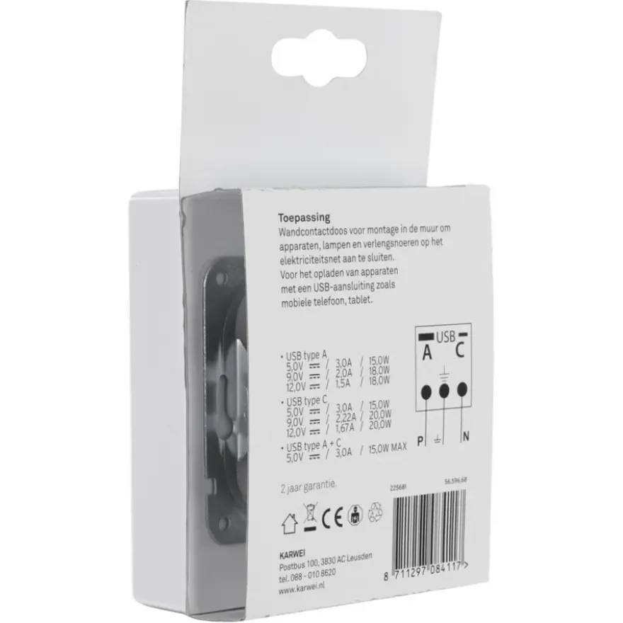 KARWEI Zenith Dubbel Stopcontact Geaard met USB A+C Wit