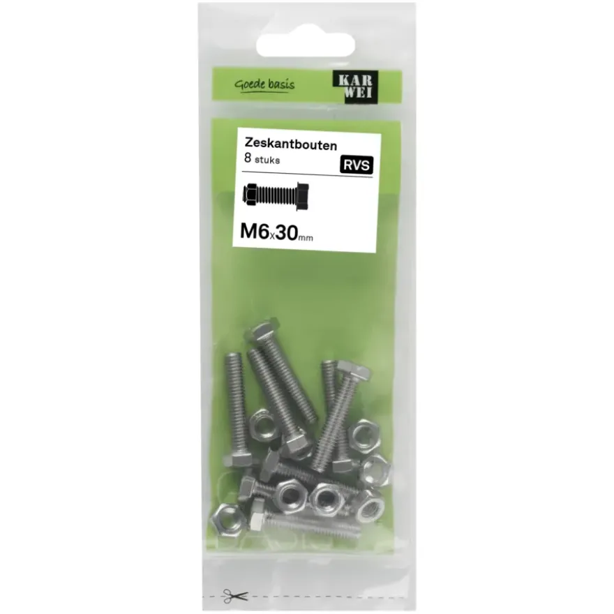 KARWEI zeskantbout voldraad rvs M6x30 mm 8 stuks
