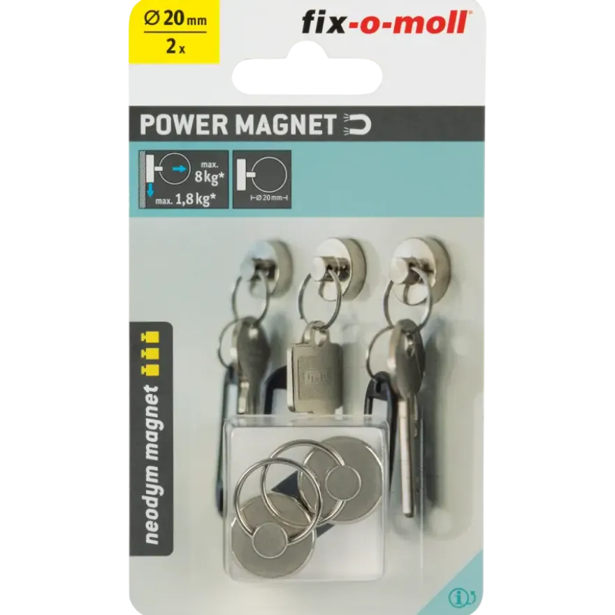 Magneet sleutelhanger Neodymium zilver 20mm 2 stuks