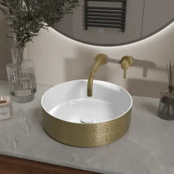 Marho Arden waskom rond glans wit/geborsteld goud 36 x 36 x 12 cm