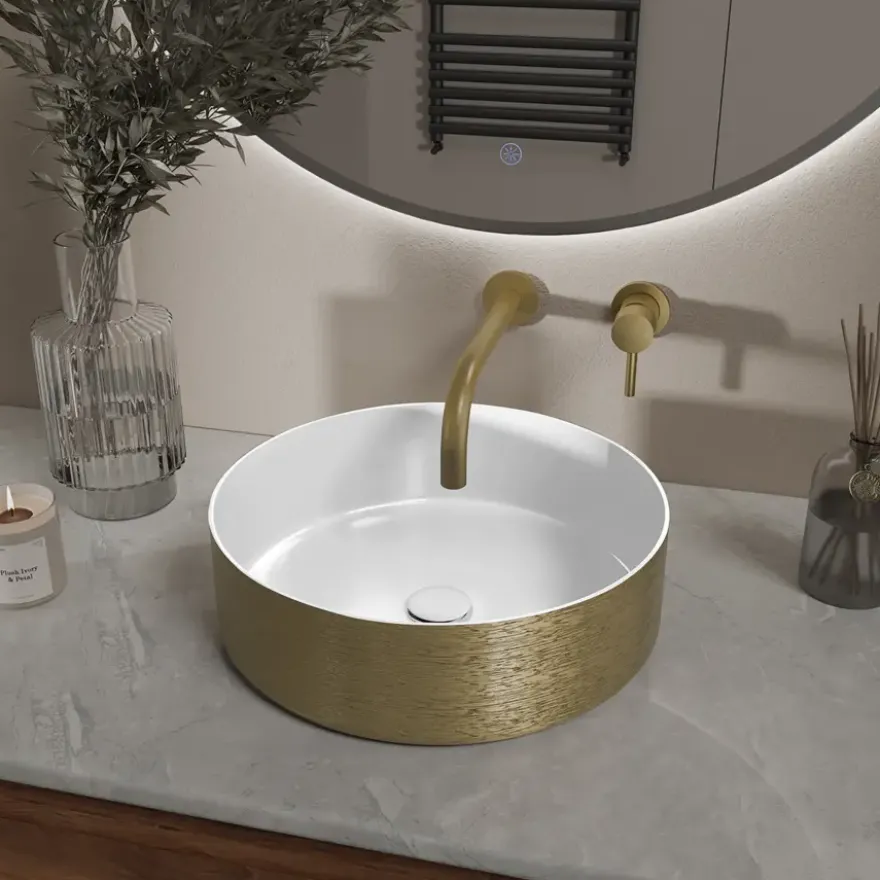 Marho Arden waskom rond glans wit/geborsteld goud 36 x 36 x 12 cm