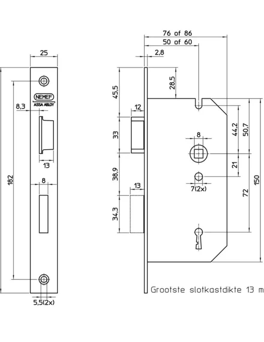 NEMEF dag-/nachtslot binnendeur links Doorn 50mm PC 72mm