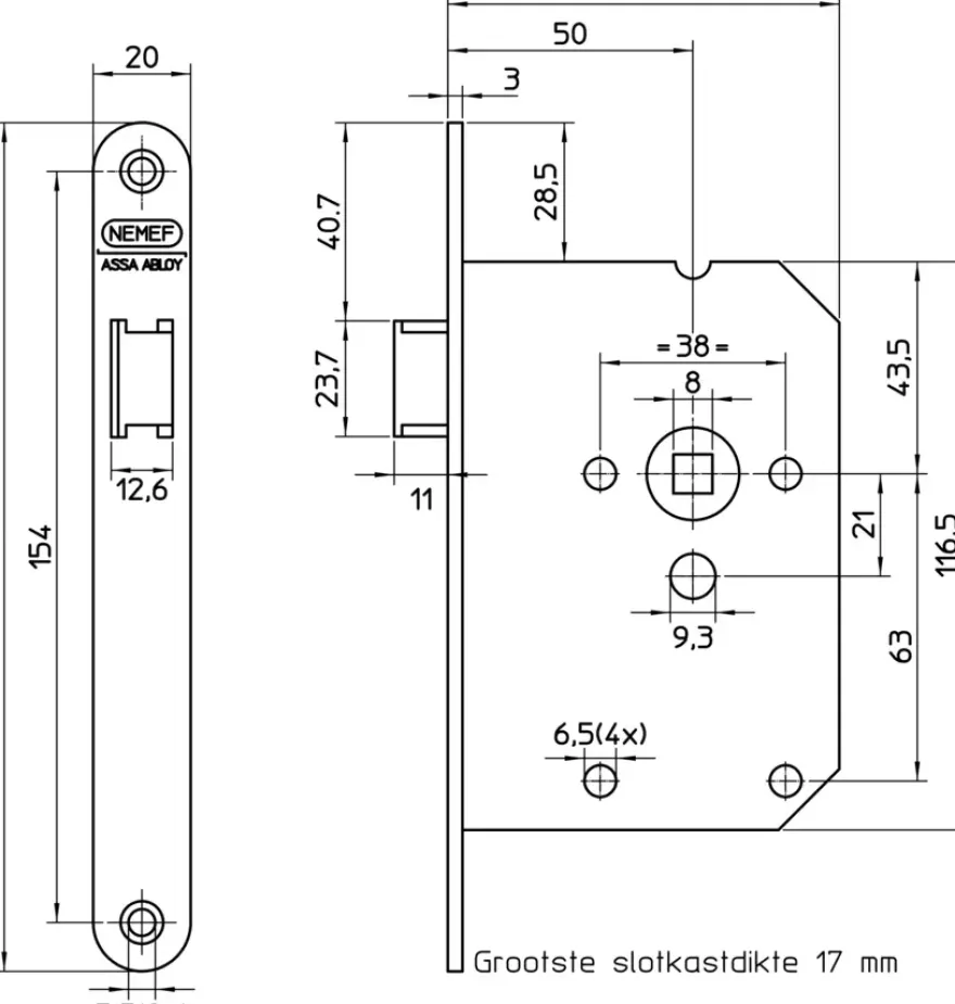 Nemef 1200 serie deurkrukgarnituur 1255/94 Doorn 50mm