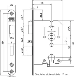 NEMEF 1200 serie insteekcilinderslot binnendeur met rvs voorplaat binnendeur Doorn 50mm PC 55mm
