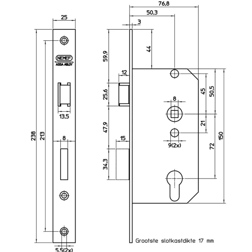 NEMEF 500 serie insteekcilinderslot binnendeur wit Doorn 50mm PC 72mm