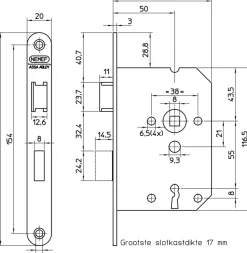 NEMEF 1200 serie insteekslot met rvs voorplaat Doorn 50mm PC 55mm