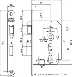 NEMEF 1200 serie insteekslot met rvs voorplaat Doorn 50mm PC 55mm