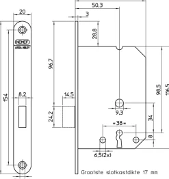 NEMEF 1200 serie kastdeurslot met gelakte voorplaat Doorn 50mm PC 55mm