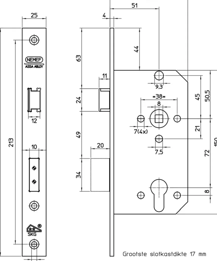 NEMEF veiligheidsslot SKG 2-sterren buitendeur Doorn 50mm PC 72mm