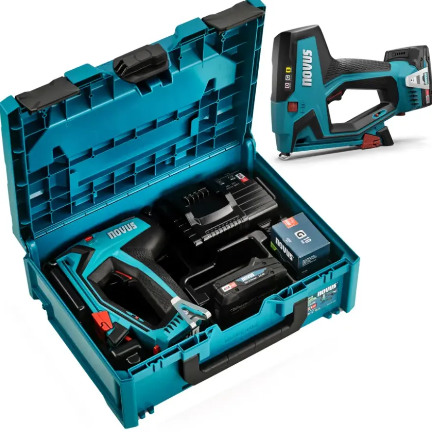 Novus 18V tacker J-551 systembox incl. 2.0Ah accu + oplader en draadnieten