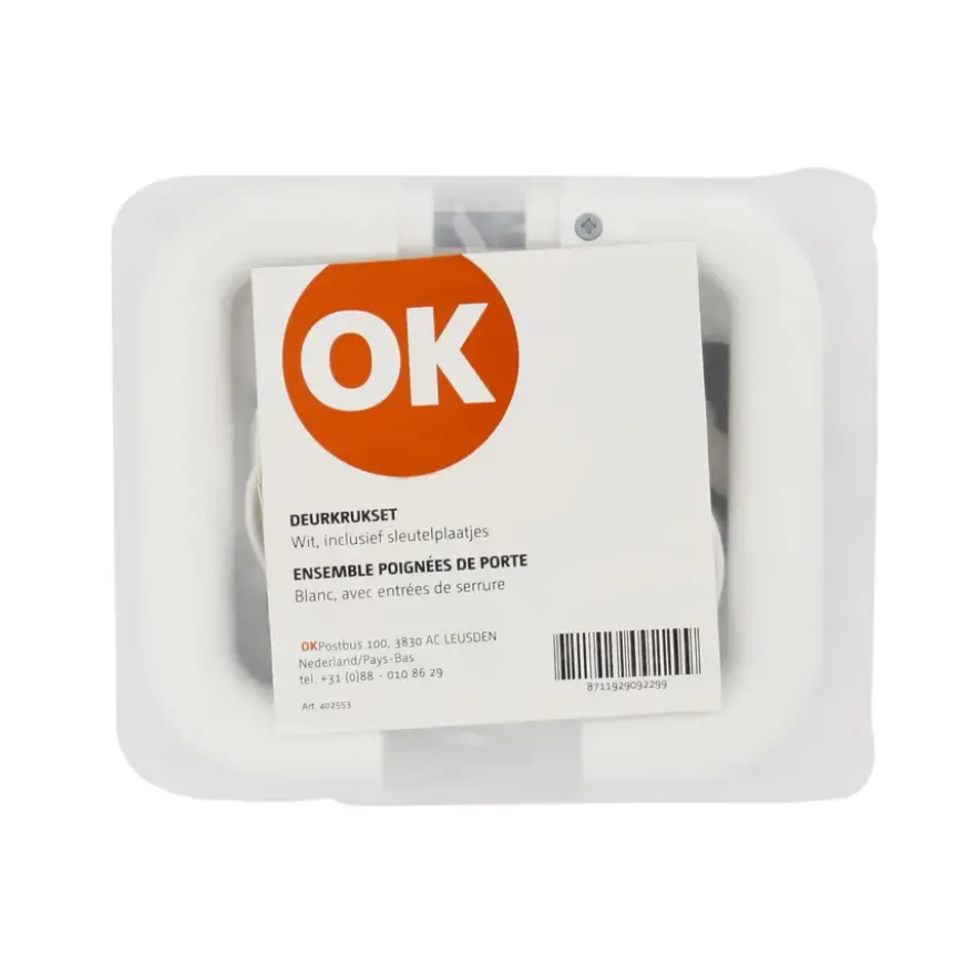 OK deurkruk set rond rozet wit plastic