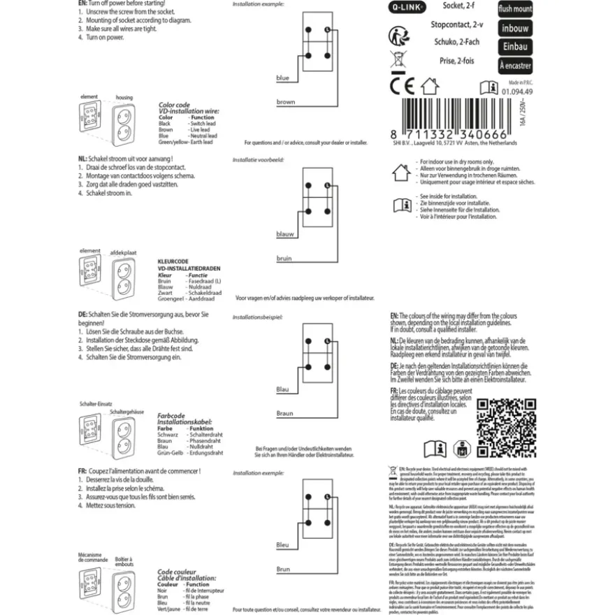Q-Link Inbouw Dubbel Stopcontact Zwart