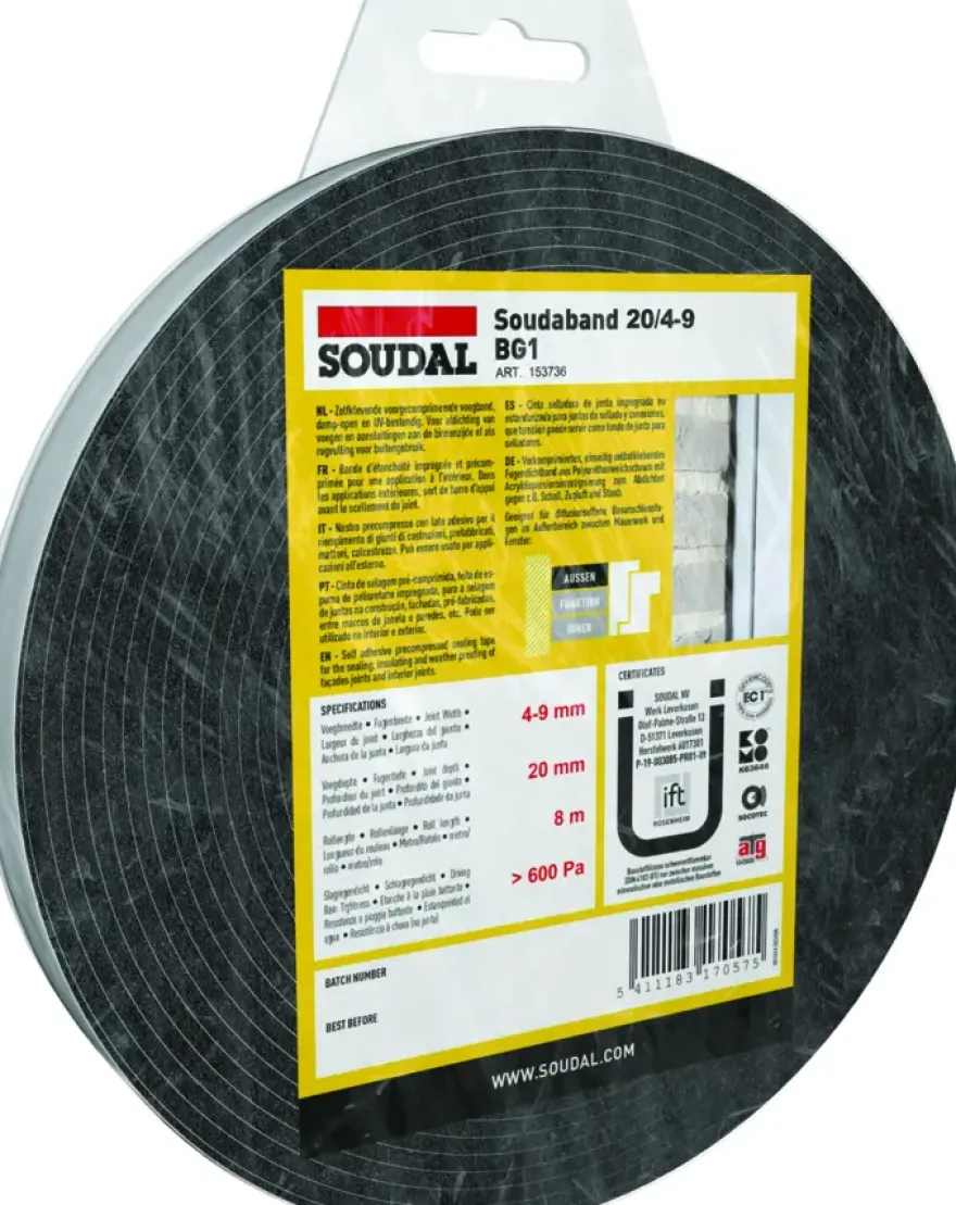 Soudal gecomprimeerde zwelband 4-9mm, 20mm breed en 8m lang