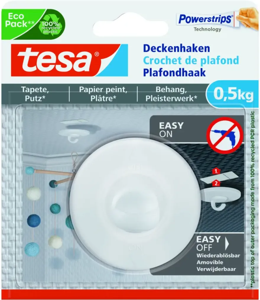 Tesa klevende plafondhaak voor behang en pleisterwerk wit 0,5 kg