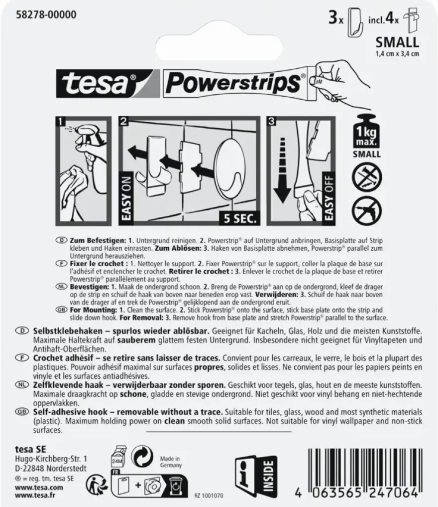 Tesa Powerstrips haken Small rechthoekig - draagkracht tot 1 kg - 3 stuks