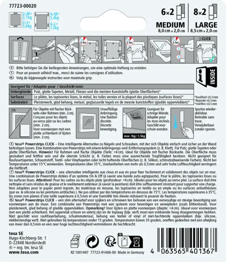 tesa Powerstrips zelfklevende strip Click Combo 6x2 stuks Medium & 8x2 stuks Large