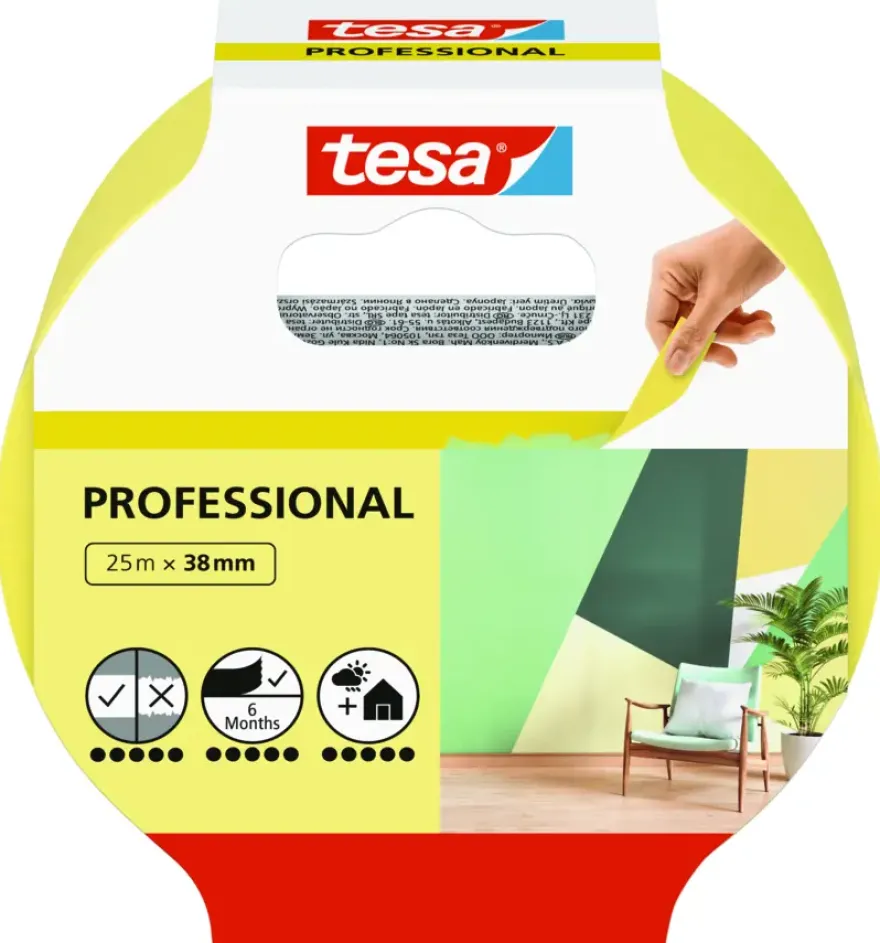 Tesa Professional Indoor afplakband geel 25 m x 38 mm