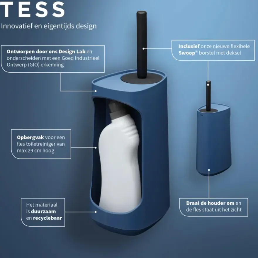 Tiger Toiletborstelhouder TESS met opbergfunctie vrijstaand en Swoop borstel flexibel blauw/zwart