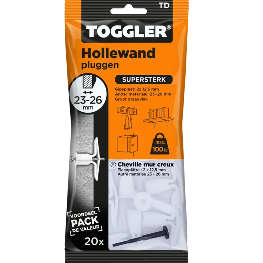 Toggler hollewandplug TD20 23-26 mm 20 stuks