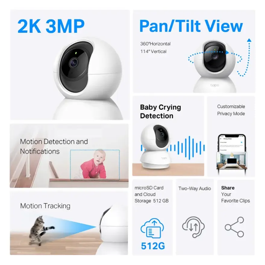 TP-Link Tapo TC71 beveiligingscamera voor binnen 2K 3MP bedraad Pan/Tilt